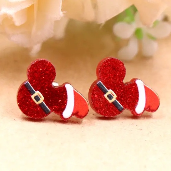 Mickey Mouse Santa Red Glitter Acrylic Christmas Holiday Stud Earrings - Picture 3 of 3